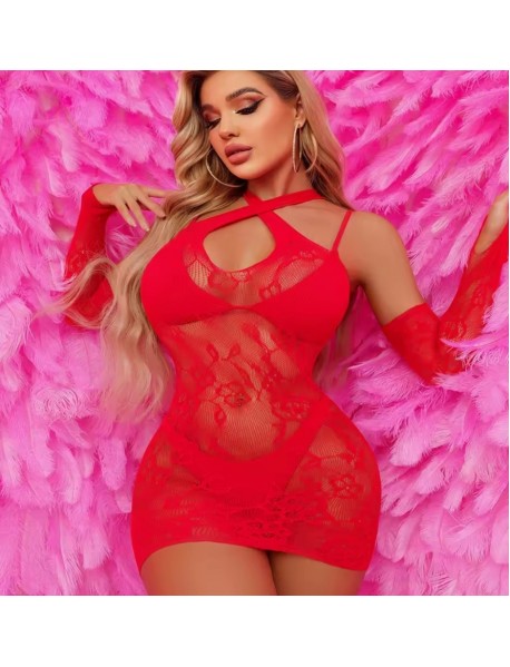 Magic Love Kırmızı Kadın Transparan Mini Elbise Şeklinde Vücut Çorabı ( S- Xxl Beden Uyumlu )
